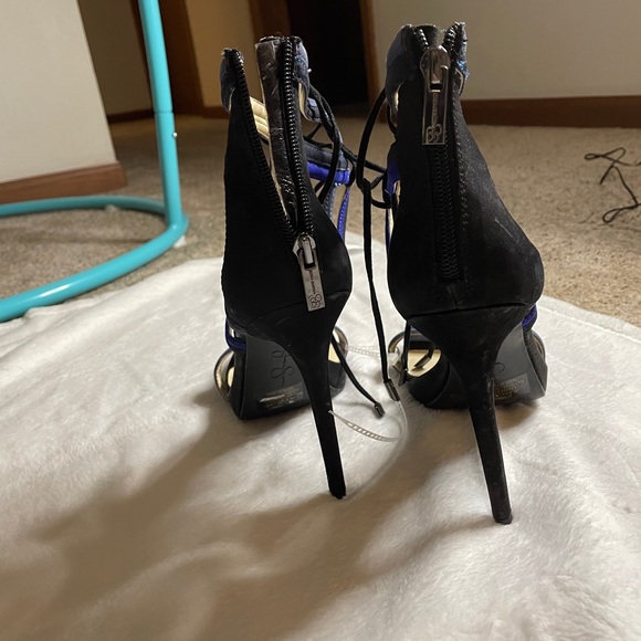 Blue and black leather, strap up 4 inch heeled sandals NWT - Picture 4 of 4